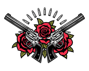 Two crossed pistols and roses. Vector illustration.