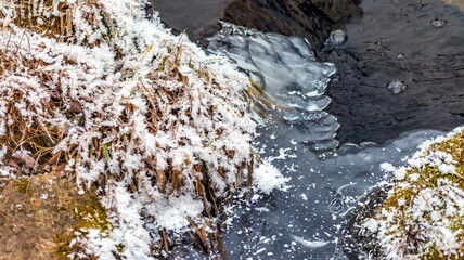 Fast river with ice and snow in late autumn