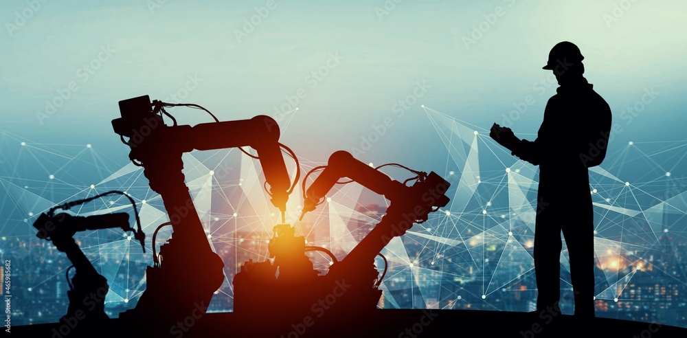 Poster mechanized industry of future factory double exposure image . concept of robotics technology for ind