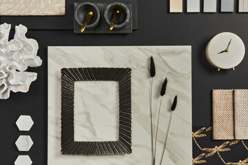 Flat lay composition of creative black architect moodboard with samples of building, textile and...