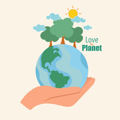 ECO FRIENDLY. Ecology concept with Green Eco Earth and Trees. Vector illustration.