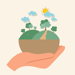 ECO FRIENDLY. Ecology concept with hand holding tree. Vector illustration.