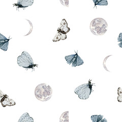 Watercolor magic pattern with butterfly and phase moon for wrapping paper, textile fabric, wallpaper decor.