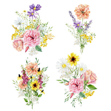 Watercolor wildflower set from field bouquets. Wild Floral of dandelion, Camomile, rose and leaves for greeting card, bridal shower, baby shower, branding logo design.