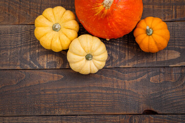 Four small pumpkins for sale on a dark wooden background.