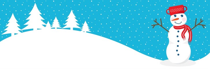  Chrismas banner design with snowman with pot, landscape, pine trees illustration. Winter holidays concept card design to use for merry christmas greetings, winter advertising, card with snowman.