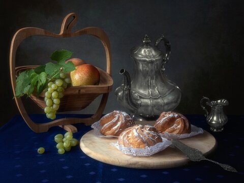 Still life with cakes and fruits