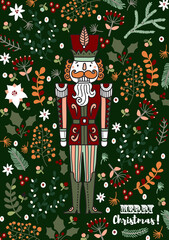 Nutcracker and winter floral. Cute Christmas vector card.