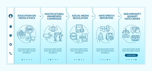 Hate speech prevention onboarding vector template. Responsive mobile website with icons. Web page walkthrough 5 step screens. Social media regulation color concept with linear illustrations