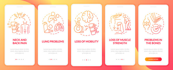 Physical problems to treat red onboarding mobile app page screen. Healthcare walkthrough 5 steps graphic instructions with concepts. UI, UX, GUI vector template with linear color illustrations