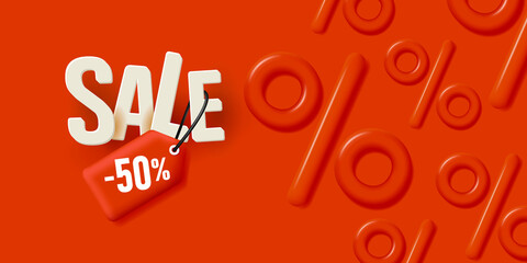 Red advertising banner with 3d sale letters and price tag with 50 percent discount, 3d volume percent signs on the backdrop