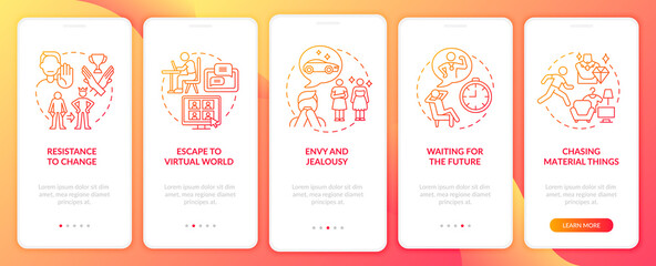Obstacles to happiness mindset red gradient onboarding mobile app page screen. Walkthrough 5 steps graphic instructions with concepts. UI, UX, GUI vector template with linear color illustrations