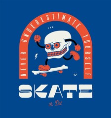 Skull skater. Chinese or native american style skull character skateboarding on a bone shaped skateboard. Skate or die vintage typography t-shirt print vector illustration.