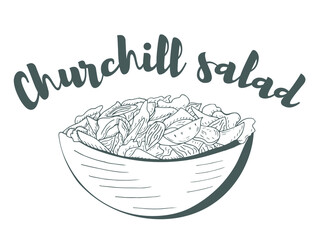 Churchill Salad. Hand drawn sketch of fresh salad with greens, olives, cherry tomatoes, onions, cheese and cucumber. Organic food. Vector illustration on white background.