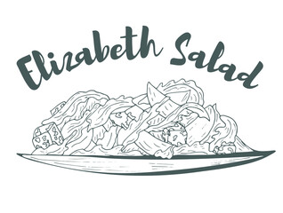 Elizabeth Salad. Hand drawn sketch of fresh salad with greens, olives, cherry tomatoes, onions, cheese and cucumber. Organic food. Vector illustration on white background.