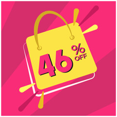 46 percent discount. Pink banner with floating bag for promotions and offers