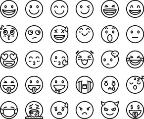 Big set of Outline emoticon smile icons. Cartoon emoji set. Vector emoticon set