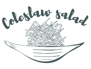 Coleslaw. Hand drawn sketch of fresh salad with greens, olives, cherry tomatoes, onions, cheese and cucumber. Organic food. Vector illustration on white background.
