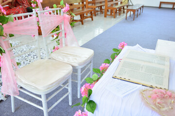 wedding ceremony, Chair, Table, Carpet, Bible, Flowers