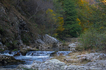 Mountain river flowing among the rocks. The coming of autumn.