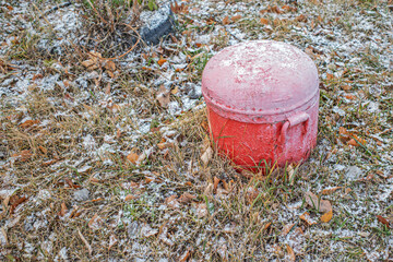 The head of the fire hydrant was covered with frost in the early autumn morning