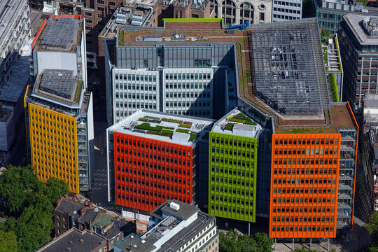 UK, London, Aerial view of Renzo Pianos Central Saint Giles buildings