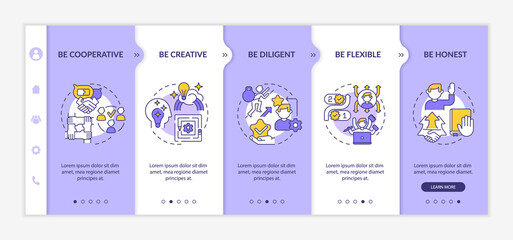 Employee personal traits onboarding vector template. Responsive mobile website with icons. Web page walkthrough 5 step screens. Work productivity color concept with linear illustrations