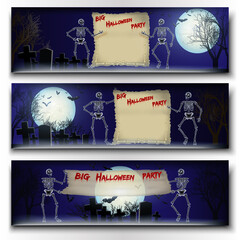 Set of Halloween vector banners with skeletons, big full moon and space for text.