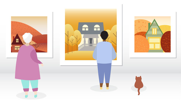 exhibition photo gallery autumn houses paintings people man woman cat