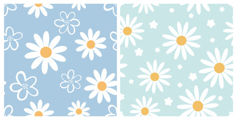 Seamless patterns with cute hand drawn daisy flower on  pastel blue and green backgrounds vector illustration. 
