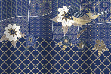 traditional abstract batik with beautiful motifs. batik for pattern textile fabric. blue batik color creative. - obrazy, fototapety, plakaty