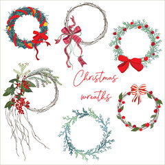 Seasonal greeting cards. Set of Christmas wreaths. Wreaths of twigs, cotton, spruce, juniper, yew with bows and berries. Suitable for greeting cards, flyers, posters and other designs.