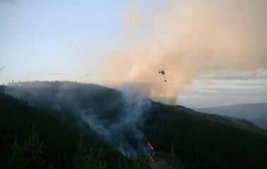 Fire on the mountain. The fire brigade helicopter is going to pour water.