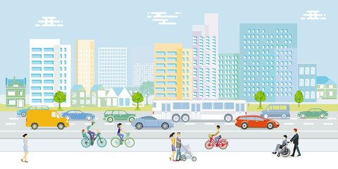 Straßen mit Autos, Fußgänger und Häusern illustration