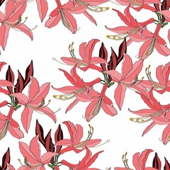 Cotton fabric Seamless pattern with hand drawn simple colored rhododendron flowers. Botanical hand drawn contour illustration for greeting card, invitation, print, textil.