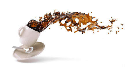 coffee spilling out of a mug isolated on white background - 465995459