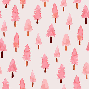 Watercolor christmas strees seamless repeat pattern. Pink, vector fir tree forest all over surface print on beige background.