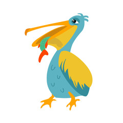 Bird pelican with fish in its beak. Hand draw animals icon in flat style. Vector illustration.
