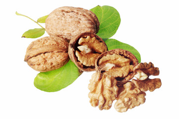 Walnuts in shell and chopped with nut leaves.Isolated on white.