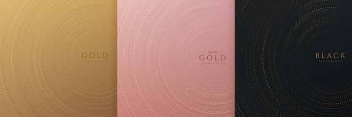 Set of radial circular glowing glitter overlapping on black, gold and rose gold background. Luxury and elegant halftone design. Radial dots pattern template with copy space. Vector illustration