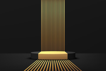 Abstract realistic 3D black and gold cylinder pedestal podium with golden perspective stripes. Luxury black minimal wall scene for product display presentation. Vector geometric rendering platform.