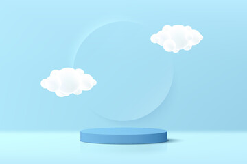 Abstract realistic 3D light blue cylinder pedestal podium with cloud flying and circle backdrop. Pastel blue minimal scene for product display presentation. Vector platform rendering. Stage showcase.