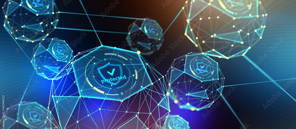 Poster Cyber technology, data protection, secure connection. Network structure of global databases. 3d illustration of polygonal elements on techno background