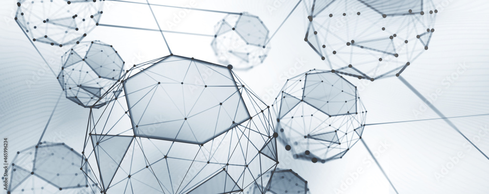 Poster polygonal structure of social ties. 3d illustration of a high-tech information system. interior blac