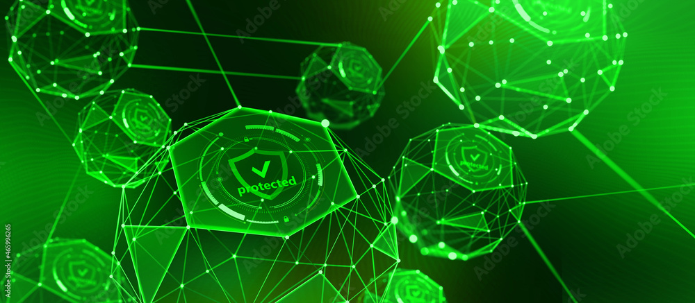 Poster Cyber technology, data protection, secure connection. Network structure of global databases. 3d illustration of polygonal elements on techno background
