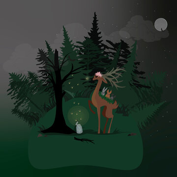 Web. Drawing of a deer in a fairy forest. Illustration for the book. Flat vector. Illustration. Children's illustration.