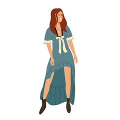 Boho style fashionable clothing. Smiling woman wearing trendy outfit and accessories in bohemian style. Female long dress. Flat cartoon vector illustration isolated on white background