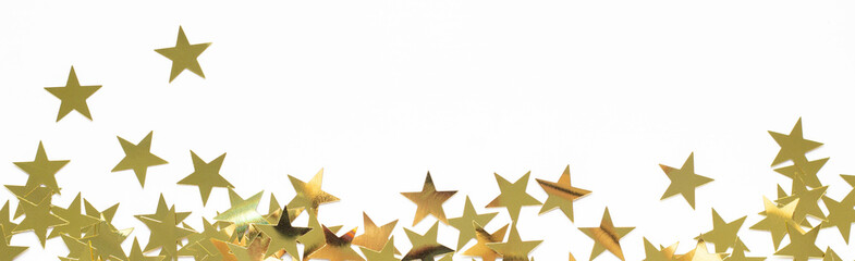 banner of Christmas border with gold star confetti. Holiday background for New Year on white