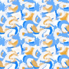 Blue yellow textured paint brush pattern. Modern imperfect fun seamless background for coastal living fabric textile. Hand drawn all over print with artistic watercolor style. 