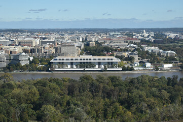 Washington, DC, USA - October 27, 2021: Aerial View of the John F. Kennedy Center for the Performing as Seen from Across the Potomac River in the Tallest Skyscraper in Arlington on a Bright Fall Day